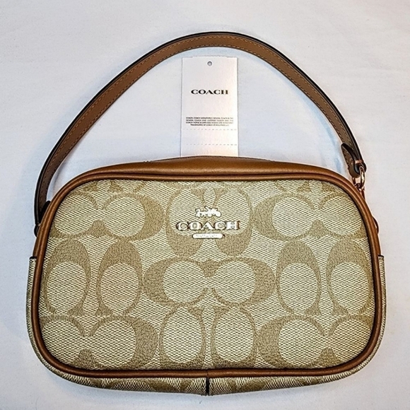 Coach Handbags - Coach Signature Monogram Pattern Tan Brown Leather Jamie Wristlet